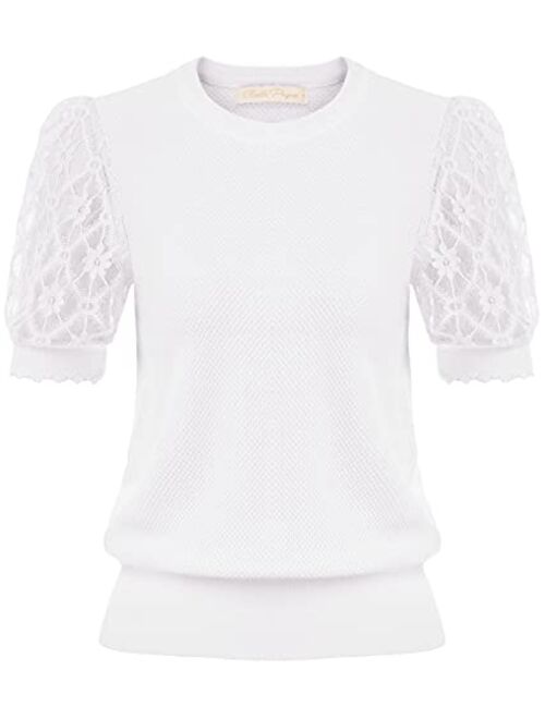 Belle Poque Women's Vintage Puff Sleeve Knit Tops Summer Contrast Lace Sleeve Blouses Tops