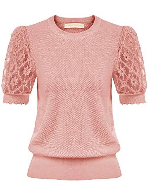 Belle Poque Women's Vintage Puff Sleeve Knit Tops Summer Contrast Lace Sleeve Blouses Tops