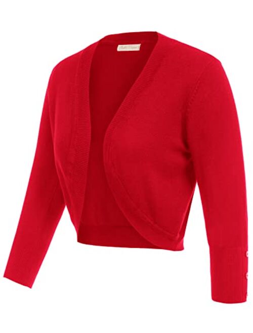 Belle Poque Womens 3/4 Sleeve Bolero Shrug Open Front Knit Cropped Cardigan