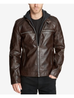 Men's Faux-Leather Detachable-Hood Motorcycle Jacket