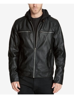 Men's Faux-Leather Detachable-Hood Motorcycle Jacket