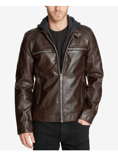 Guess Men's Faux-Leather Detachable-Hood Motorcycle Jacket