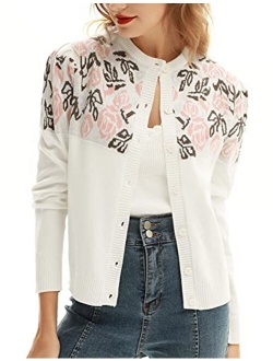 Womens Rose Print Cardigan Sweater Vintage Button Down Crew Neck Cardigan