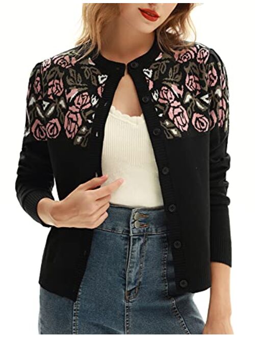 Belle Poque Womens Rose Print Cardigan Sweater Vintage Button Down Crew Neck Cardigan