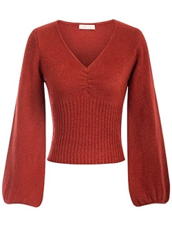 Women Cropped Lantern Sleeve V Neck Pullover Sweater Knit Casual Top