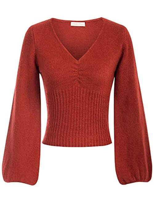 Belle Poque Women Cropped Lantern Sleeve V Neck Pullover Sweater Knit Casual Top