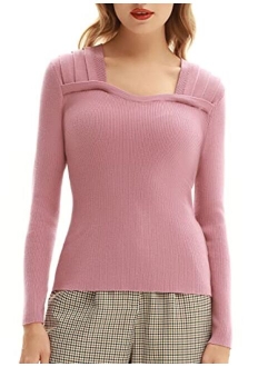 Women Square Neck Long Sleeve Casual Knit Pullover Sweater Top