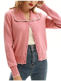 Women Vintage Cropped Cardigan Hollowed-Out Lapel Collar Cardigan Sweater