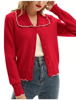 Women Vintage Cropped Cardigan Hollowed-Out Lapel Collar Cardigan Sweater