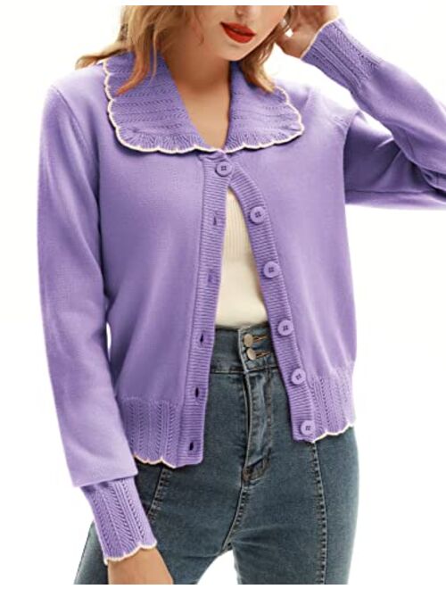 Belle Poque Women Vintage Cropped Cardigan Hollowed-Out Lapel Collar Cardigan Sweater