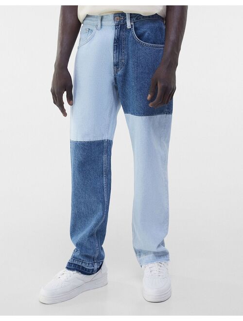 Bershka 90s fit patchwork jeans in light blue