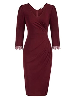 Women 3/4 Sleeve Work Dress Ruched Bodycon Business Party Dress