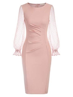 Women's Long Sleeve Cocktail Dress Pleated Stretchy Bodycon Pencil Dress