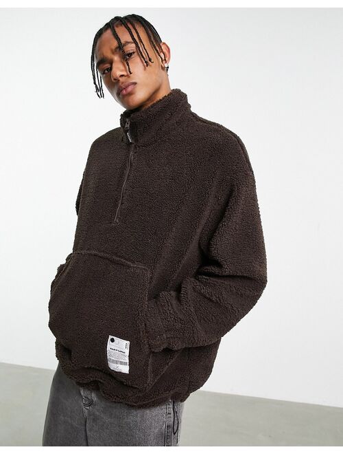 Bershka oversized half zip sweater in brown teddy