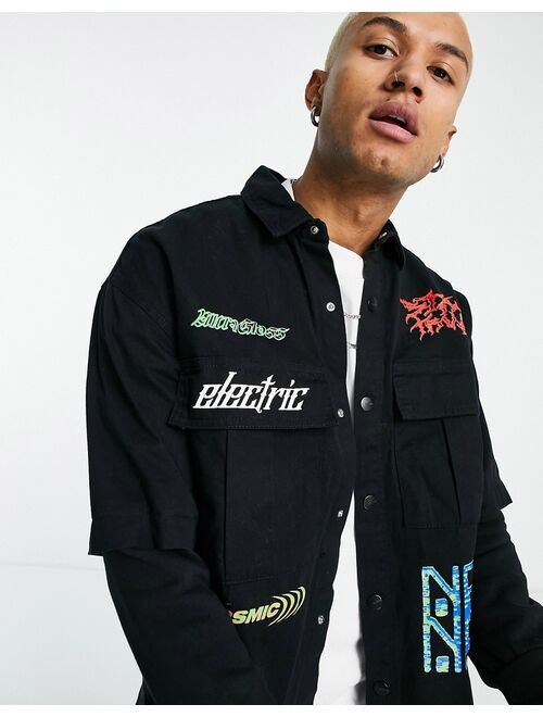 Bershka overshirt with badges in black