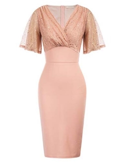 Women's Vintage Wrap V Neck Cocktail Dress Contrast Glitter Bodycon Dress for Party Club S-2XL