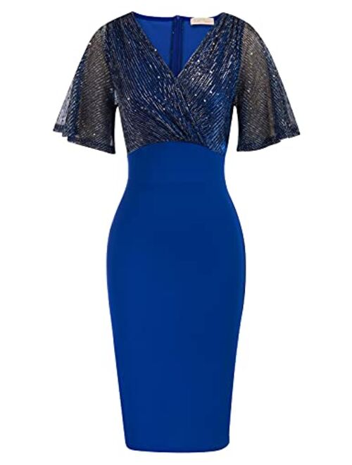 Belle Poque Women's Vintage Wrap V Neck Cocktail Dress Contrast Glitter Bodycon Dress for Party Club S-2XL