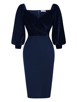 Women Vintage Velvet Dress Wrap Neck Bodycon Cocktail Party Dress