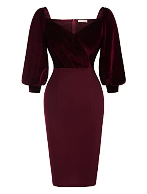 Belle Poque Women Vintage Velvet Dress Wrap Neck Bodycon Cocktail Party Dress