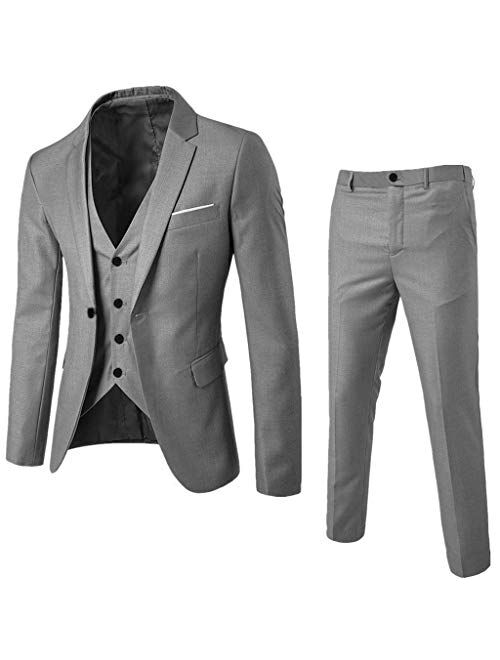 WUAI-Men Slim Fit Suits One Button 3-Piece Blazer Dress Work Office Business Wedding Party Gentleman Jacket Vest & Pant