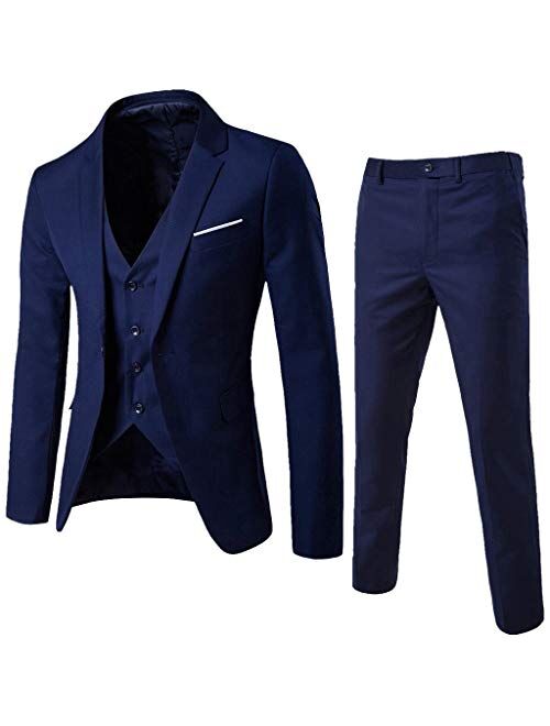 WUAI-Men Slim Fit Suits One Button 3-Piece Blazer Dress Work Office Business Wedding Party Gentleman Jacket Vest & Pant