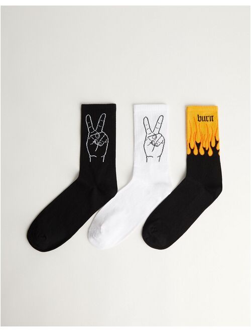 Bershka 3 pack socks with peace and fire print in black