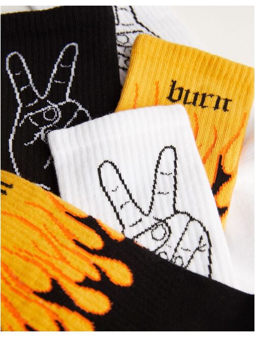 Bershka 3 pack socks with peace and fire print in black