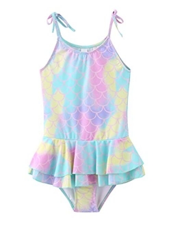 Girls One Piece Swimsuits Mermaid Bathing Suit for Kids Hawaiian Swimwear with Skirt Swim Dress 3-16 Years