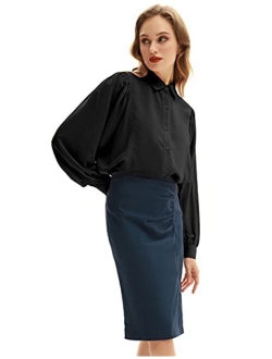 Women Lantern Long Sleeve Button Shirts Tops Pleated Collar Work Blouse Top