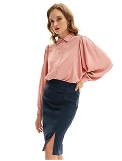 Women Lantern Long Sleeve Button Shirts Tops Pleated Collar Work Blouse Top