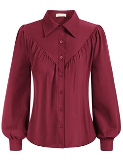 Women Lantern Long Sleeve Button Shirts Tops Pleated Collar Work Blouse Top