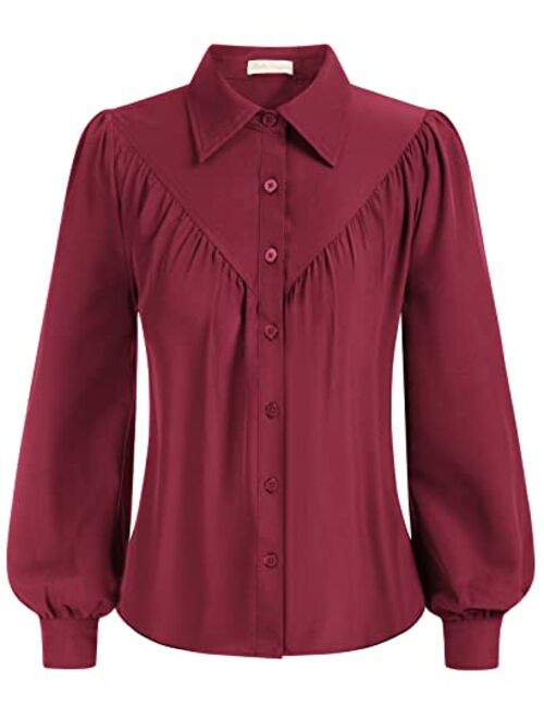 Belle Poque Women Lantern Long Sleeve Button Shirts Tops Pleated Collar Work Blouse Top