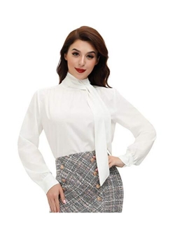 Women's Elegant Bow Tie Neck Long Sleeve Work Office Blouses Tops