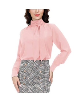 Women's Elegant Bow Tie Neck Long Sleeve Work Office Blouses Tops