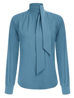 Women's Elegant Bow Tie Neck Long Sleeve Work Office Blouses Tops