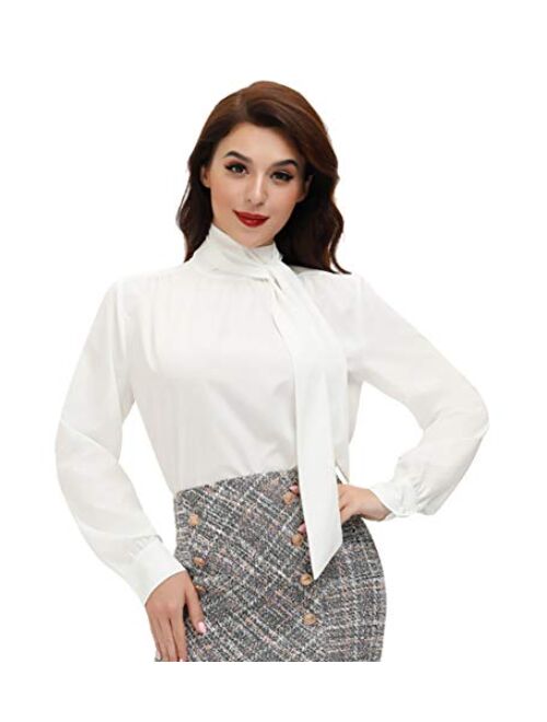 Belle Poque Women's Elegant Bow Tie Neck Long Sleeve Work Office Blouses Tops