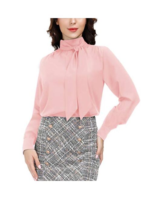 Belle Poque Women's Elegant Bow Tie Neck Long Sleeve Work Office Blouses Tops