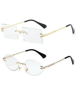 LASPOR Retro Oval Sunglasses for Women Men Fashion Vintage Gold Metal Frameless Rimless Glasses Tinted Lens UV400 Protection