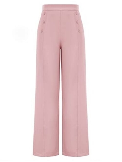 Women's High Waisted Wide Leg Pants Button Decorated Casual Stretchy Trousers with Pockets