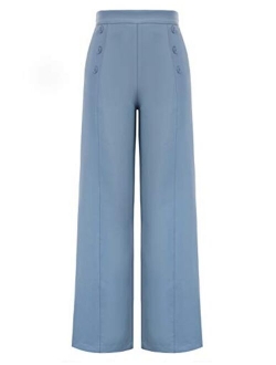 Women's High Waisted Wide Leg Pants Button Decorated Casual Stretchy Trousers with Pockets