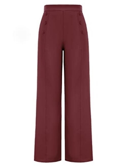 Women's High Waisted Wide Leg Pants Button Decorated Casual Stretchy Trousers with Pockets