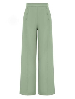 Women's High Waisted Wide Leg Pants Button Decorated Casual Stretchy Trousers with Pockets