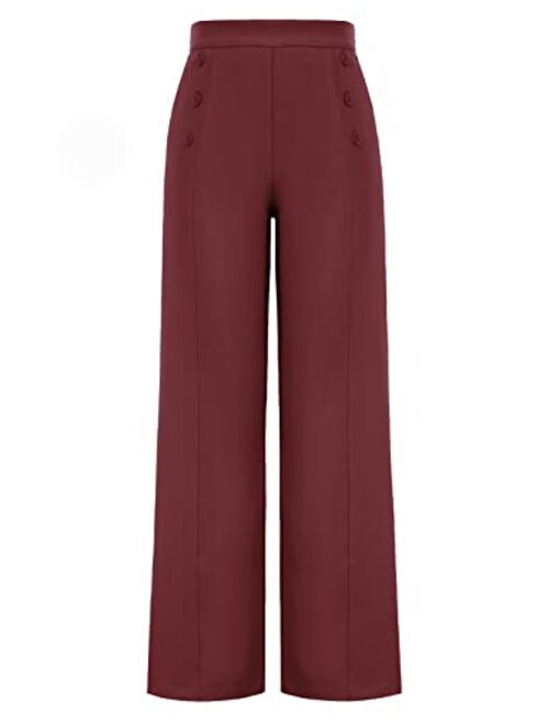 Belle Poque Women's High Waisted Wide Leg Pants Button Decorated Casual Stretchy Trousers with Pockets