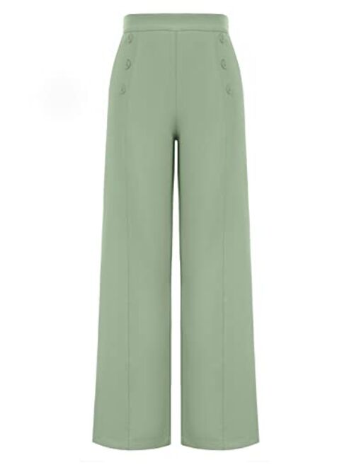 Belle Poque Women's High Waisted Wide Leg Pants Button Decorated Casual Stretchy Trousers with Pockets