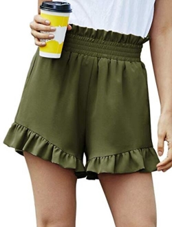 Women's Elastic Waist Wide Leg Shorts Casual Ruffle Summer Beach Shorts with Pockets