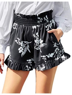 Women's Elastic Waist Wide Leg Shorts Casual Ruffle Summer Beach Shorts with Pockets