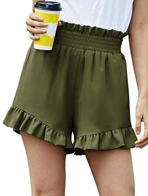 Belle Poque Women's Elastic Waist Wide Leg Shorts Casual Ruffle Summer Beach Shorts with Pockets