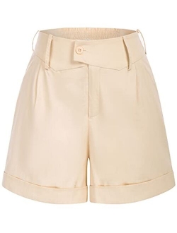 Women Summer Linen Shorts Elastic High Waisted Shorts with Pockets