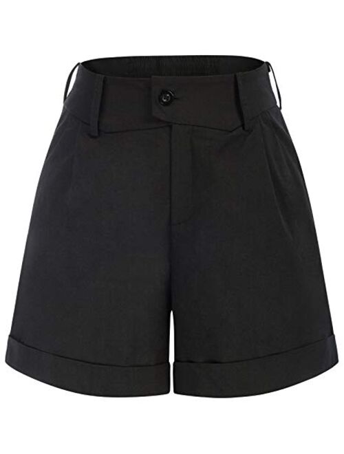 Belle Poque Women Summer Linen Shorts Elastic High Waisted Shorts with Pockets