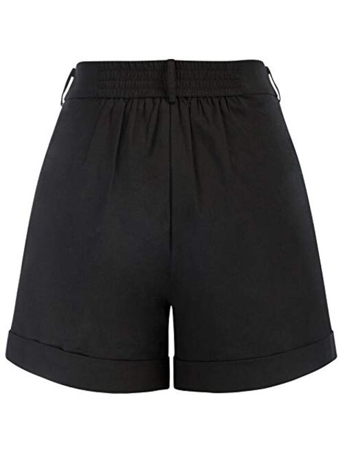 Belle Poque Women Summer Linen Shorts Elastic High Waisted Shorts with Pockets